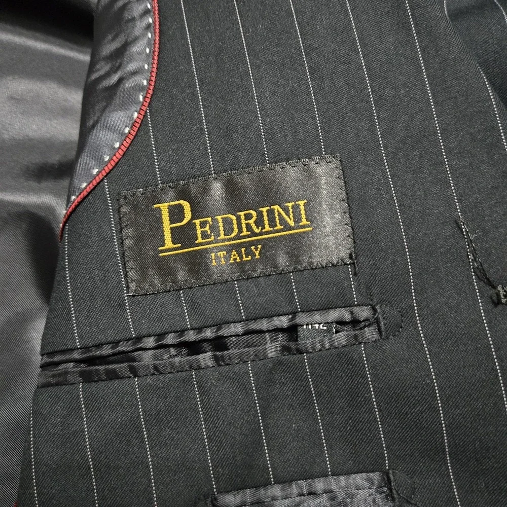 Pedrini Italy Suit Jacket Mens 42R Black Pinstripe Poly‎ Viscose 3 Button Formal